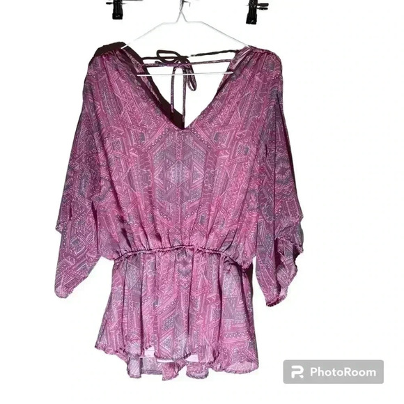 White Birch V-Neck Blouse pink dolman sleeve tops elastic waistband size small - Picture 2 of 4